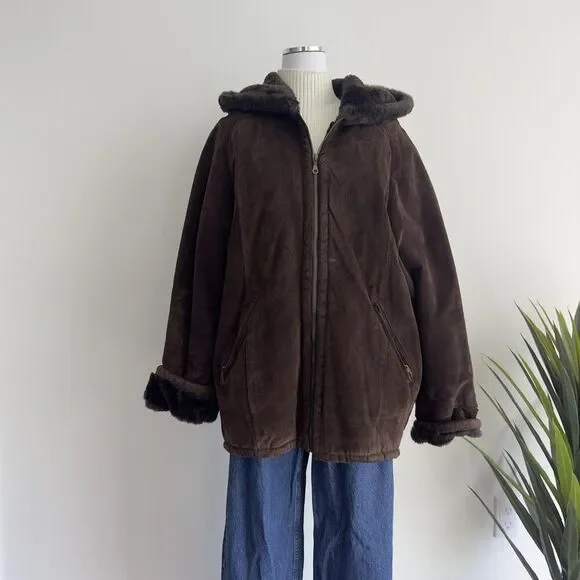 Marvin Richards Jacket Womens XL Brown Suede Leather Faux Fur Lined Hooded
